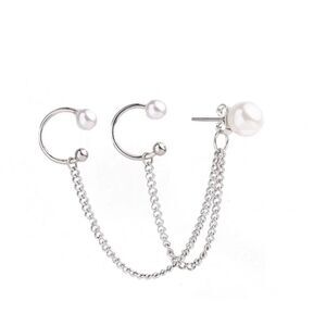 Silver Wrap Chain Post Earring Double Pearl Ear Cuffs Earrings